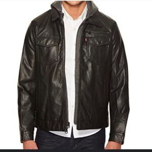 Levi’s Black Faux Leather Sherpa Hooded Bomber Jacket Sz XL